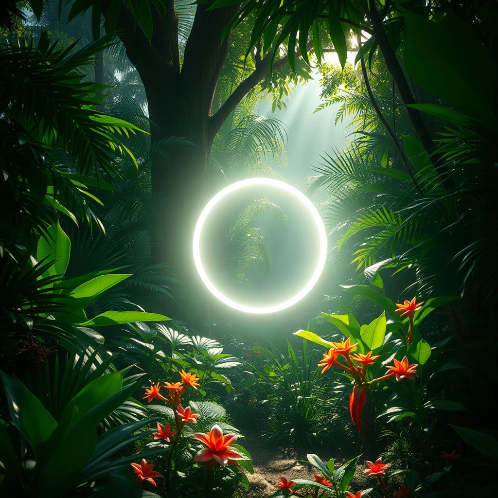 A mystical white circle glowing softly in a lush, dense jungle