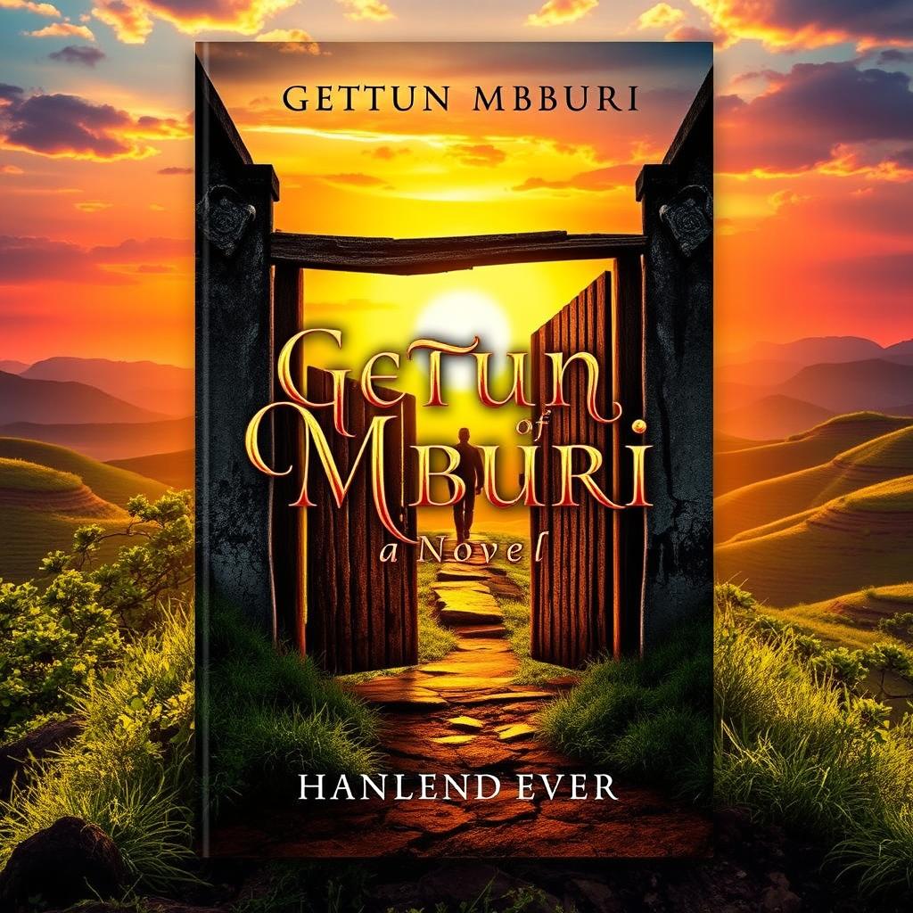 A captivating book cover for a novel titled "Getun Mburi" featuring a mystical landscape with a vibrant sunset