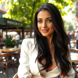 A beautiful Russian woman with long black hair, wearing an elegant outfit that accentuates her medium-sized breasts