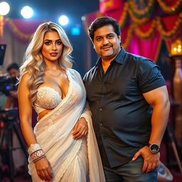 A stunning blonde woman with big breasts, beautifully adorned in a transparent white lace saree that drapes elegantly, complemented by a plus-size bikini-style blouse