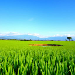A picturesque view of a lush, green rice paddy field, stretching infinitely under a clear blue sky