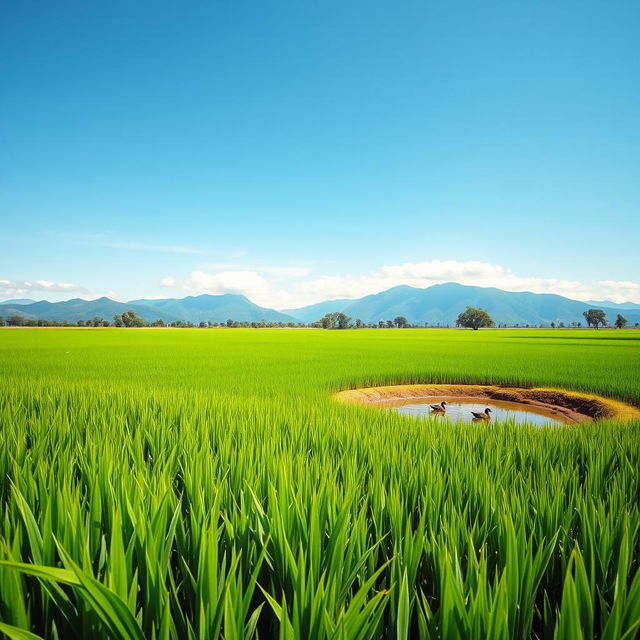 A picturesque view of a lush, green rice paddy field, stretching infinitely under a clear blue sky