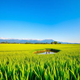 A picturesque view of a lush, green rice paddy field, stretching infinitely under a clear blue sky