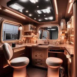 Design a luxurious celebrity vanity van equipped with all the necessary amenities that a star might need on a film set. The layout should be lavish yet practical.