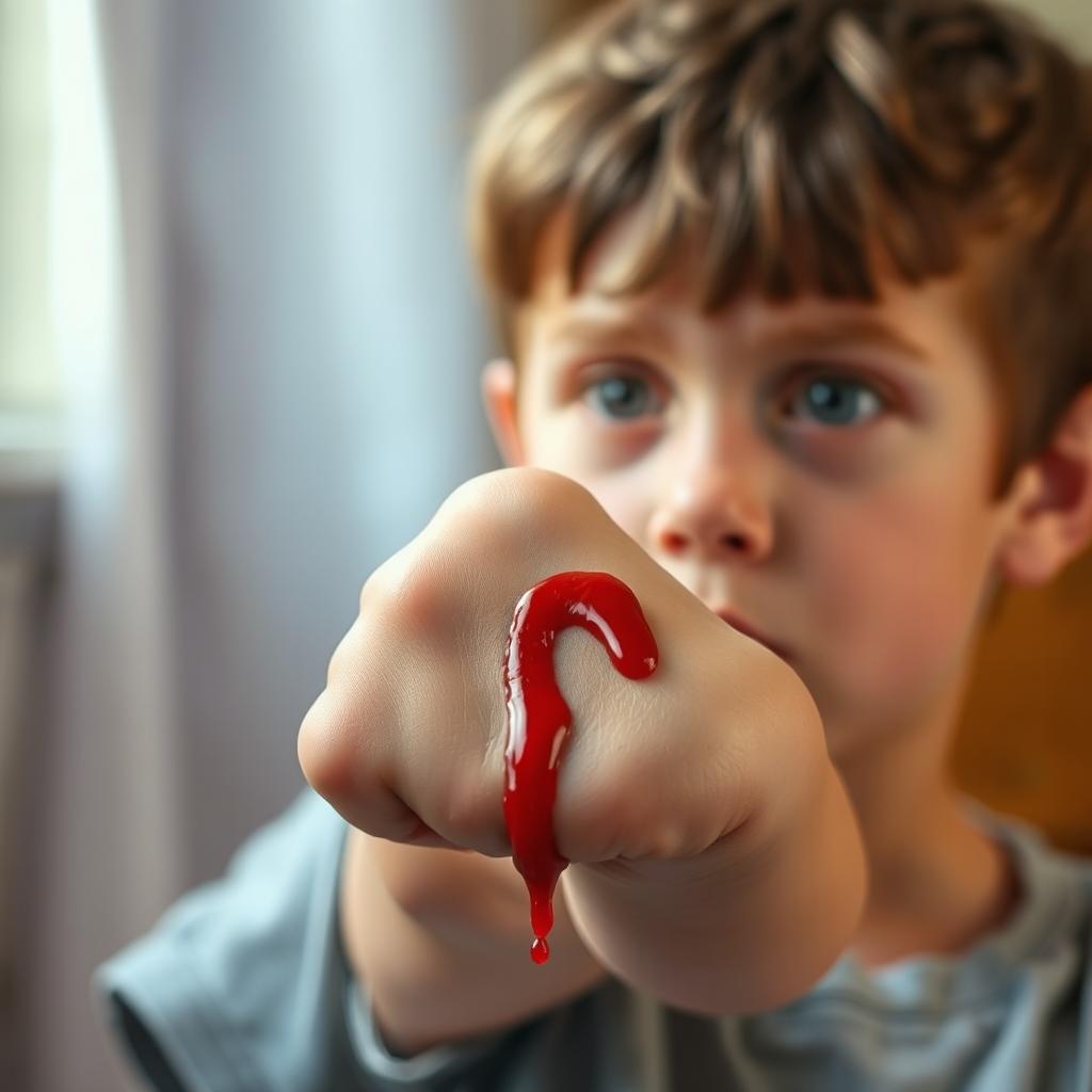 A dramatic close-up of a young boy's hand, showing a wrist with fresh blood oozing from a cut, the boy looking concerned and surprised