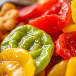 A close-up shot of a colorful assortment of snacks, prominently featuring an assortment of Lavashak or fruit leather in vibrant colors like red, green, and yellow