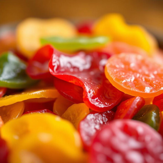 A close-up shot of a colorful assortment of snacks, prominently featuring an assortment of Lavashak or fruit leather in vibrant colors like red, green, and yellow