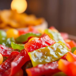 A close-up shot of a colorful assortment of snacks, prominently featuring an assortment of Lavashak or fruit leather in vibrant colors like red, green, and yellow