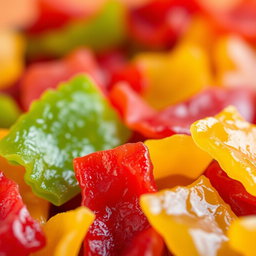 A close-up shot of a colorful assortment of snacks, prominently featuring an assortment of Lavashak or fruit leather in vibrant colors like red, green, and yellow