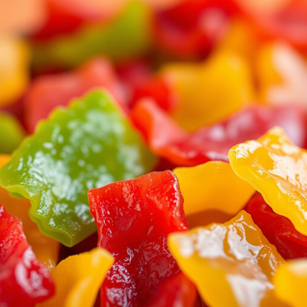A close-up shot of a colorful assortment of snacks, prominently featuring an assortment of Lavashak or fruit leather in vibrant colors like red, green, and yellow
