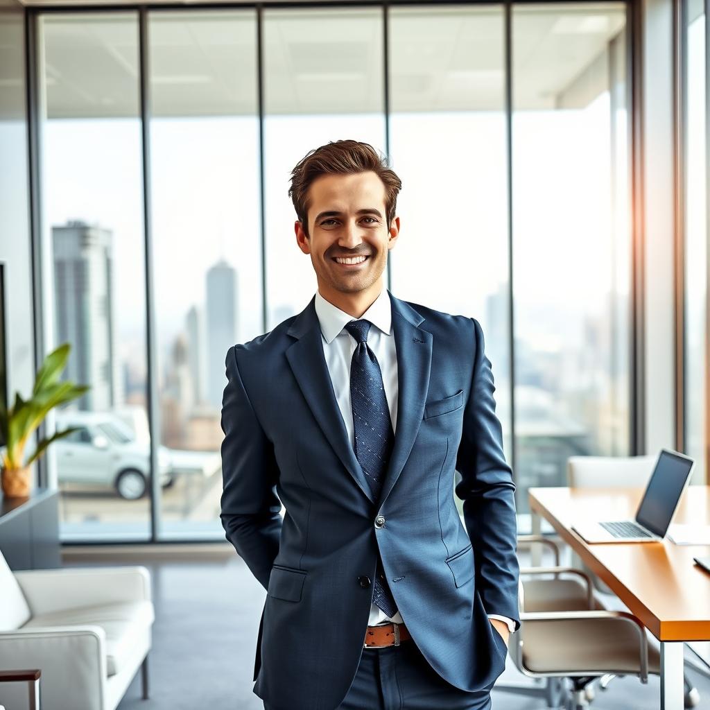 A confident and charismatic CEO standing in a modern office environment