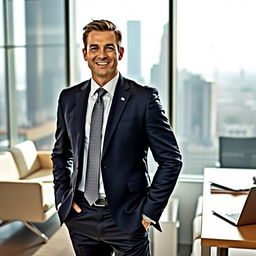 A confident and charismatic CEO standing in a modern office environment