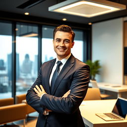 A confident and charismatic CEO standing in a modern office environment