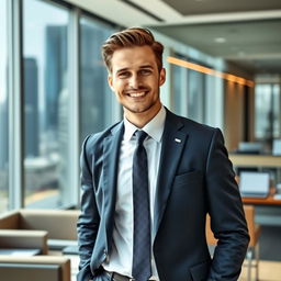 A confident and charismatic CEO standing in a modern office environment