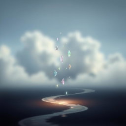 A serene and ethereal image featuring a blurred backdrop of a sky with soft clouds or a galactic effect