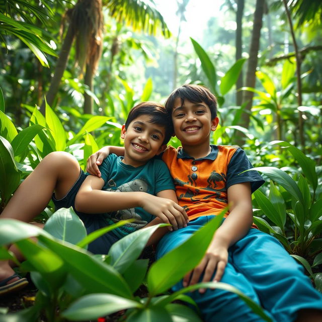 Two boys relaxing in a lush green jungle setting, one boy comfortably lying on the lap of another