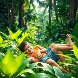 Two boys relaxing in a lush green jungle setting, one boy comfortably lying on the lap of another