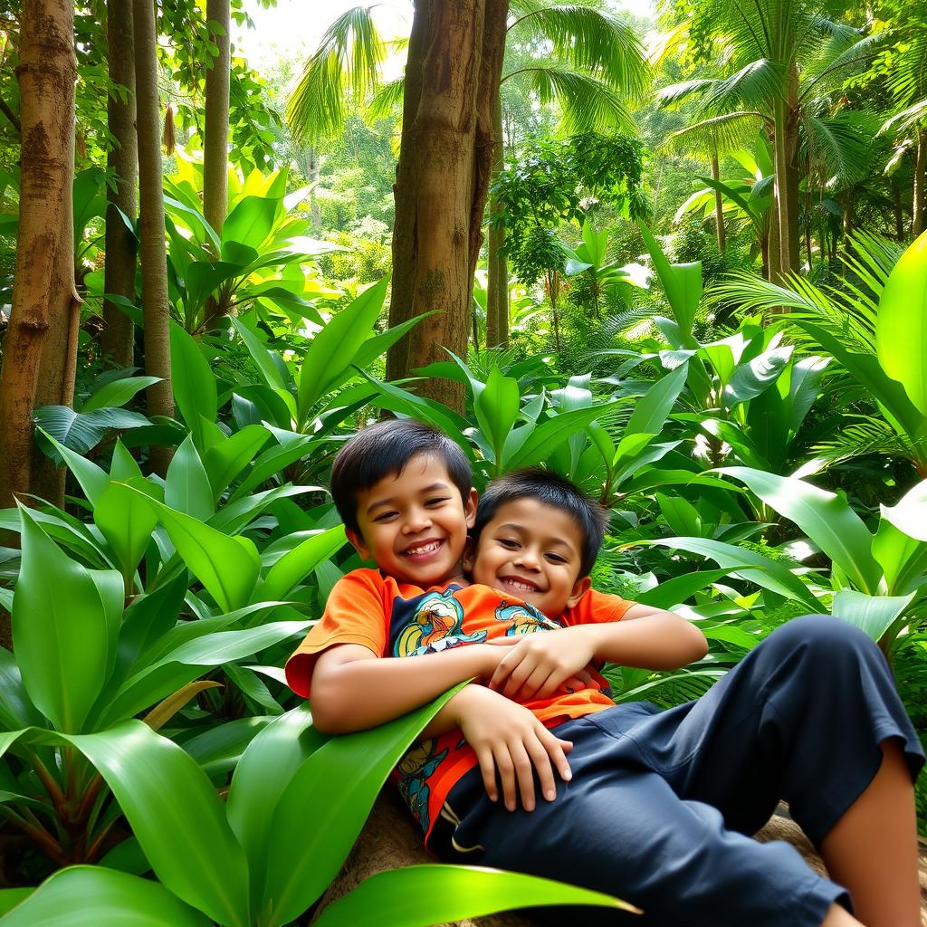 Two boys relaxing in a lush green jungle setting, one boy comfortably lying on the lap of another