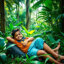 Two boys relaxing in a lush green jungle setting, one boy comfortably lying on the lap of another