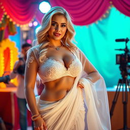 A glamorous blonde woman with big breasts, gracefully wearing a transparent white lace saree that highlights her plus-size bikini-style blouse, showcasing her ample cleavage and midriff while revealing her navel