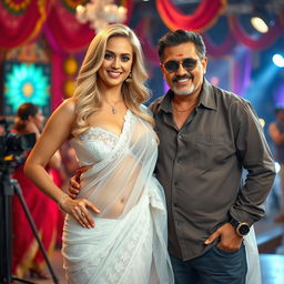 A glamorous blonde woman with big breasts, gracefully wearing a transparent white lace saree that highlights her plus-size bikini-style blouse, showcasing her ample cleavage and midriff while revealing her navel