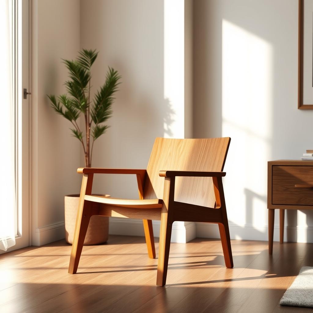 A beautifully styled interior scene showcasing a modern wooden chair with a sleek and realistic design