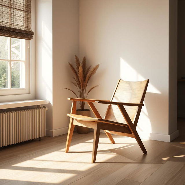A beautifully styled interior scene showcasing a modern wooden chair with a sleek and realistic design