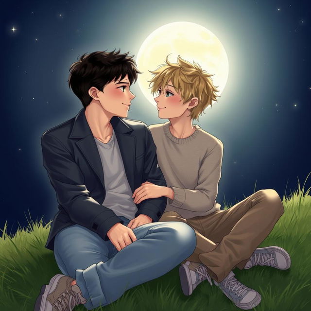 Two boys, sharing an intimate moment under a bright, full moon, surrounded by a serene, starry night sky