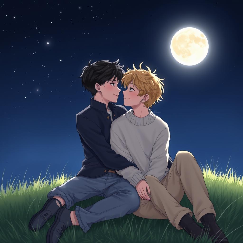 Two boys, sharing an intimate moment under a bright, full moon, surrounded by a serene, starry night sky