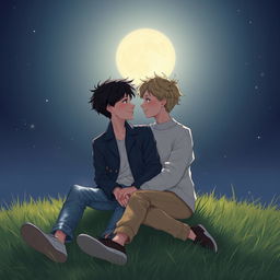 Two boys, sharing an intimate moment under a bright, full moon, surrounded by a serene, starry night sky
