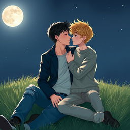 Two boys, sharing an intimate moment under a bright, full moon, surrounded by a serene, starry night sky