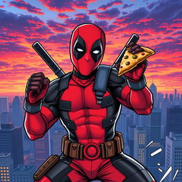 An action-packed comic book scene featuring Deadpool, the anti-hero in his iconic red and black suit, complete with dual katanas on his back, humorously posed in a dynamic fighting stance