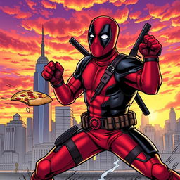 An action-packed comic book scene featuring Deadpool, the anti-hero in his iconic red and black suit, complete with dual katanas on his back, humorously posed in a dynamic fighting stance