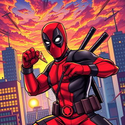 An action-packed comic book scene featuring Deadpool, the anti-hero in his iconic red and black suit, complete with dual katanas on his back, humorously posed in a dynamic fighting stance