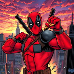 An action-packed comic book scene featuring Deadpool, the anti-hero in his iconic red and black suit, complete with dual katanas on his back, humorously posed in a dynamic fighting stance