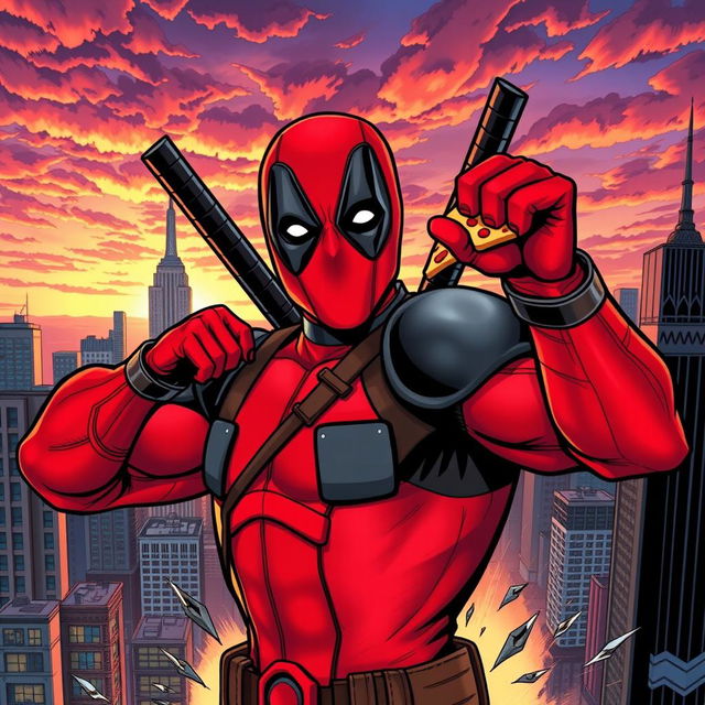 An action-packed comic book scene featuring Deadpool, the anti-hero in his iconic red and black suit, complete with dual katanas on his back, humorously posed in a dynamic fighting stance