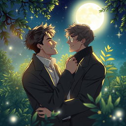 An enchanting and romantic scene depicting two men in love under the shimmering moonlight, surrounded by lush greenery