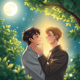 An enchanting and romantic scene depicting two men in love under the shimmering moonlight, surrounded by lush greenery