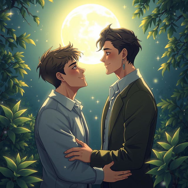 An enchanting and romantic scene depicting two men in love under the shimmering moonlight, surrounded by lush greenery