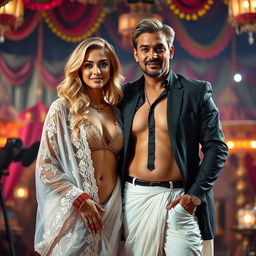 A beautiful blonde woman with big breasts, elegantly wearing a transparent white lace saree that beautifully drapes around her plus-size bikini-style blouse, showcasing her ample cleavage and navel