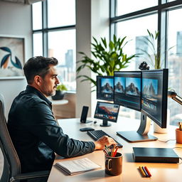 A highly skilled professional editor working on a computer, surrounded by multiple monitors displaying various photo editing software