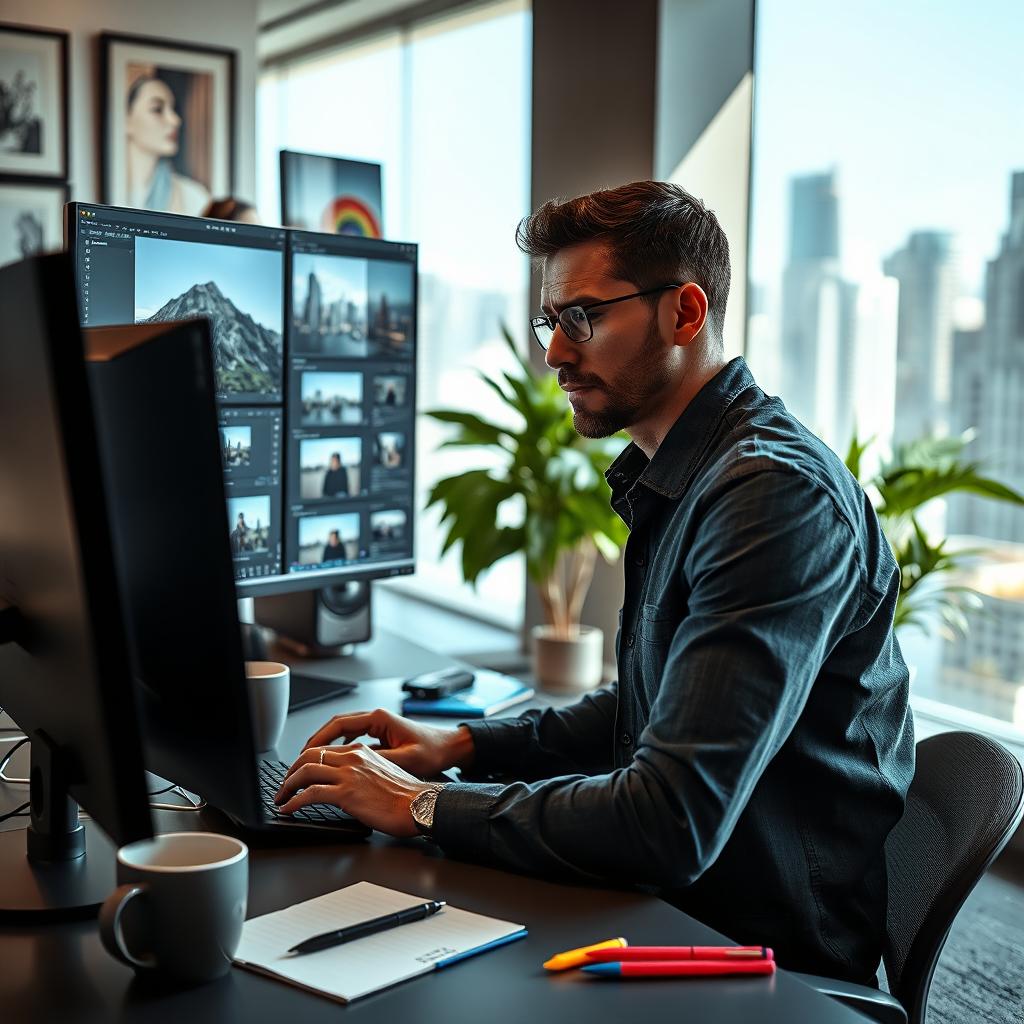 A highly skilled professional editor working on a computer, surrounded by multiple monitors displaying various photo editing software