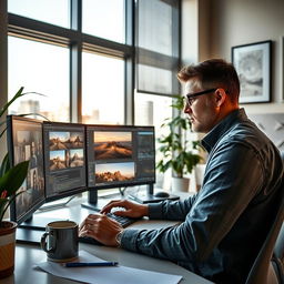 A highly skilled professional editor working on a computer, surrounded by multiple monitors displaying various photo editing software