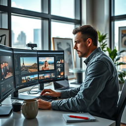 A highly skilled professional editor working on a computer, surrounded by multiple monitors displaying various photo editing software