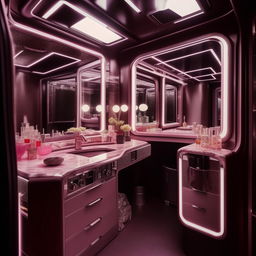 Design a luxurious celebrity vanity van equipped with all the necessary amenities that a star might need on a film set. The layout should be lavish yet practical.