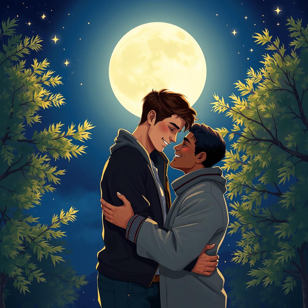 A romantic scene depicting two men in love under a beautiful moonlit night