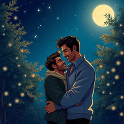 A romantic scene depicting two men in love under a beautiful moonlit night
