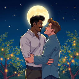 A romantic scene depicting two men in love under a beautiful moonlit night