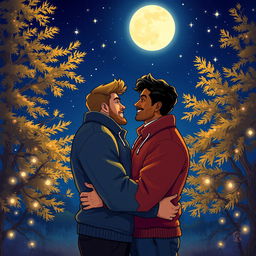 A romantic scene depicting two men in love under a beautiful moonlit night
