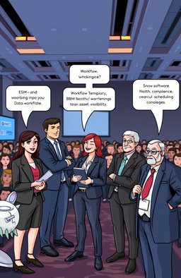 A dynamic scene at a corporate event with five characters each representing different software solutions: ESM, BMC, BMC Discovery, BMC Networks, Snow Software Asset Management, and BMC Control-M